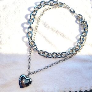 Silver Heart Pendant Double Chain Necklace
